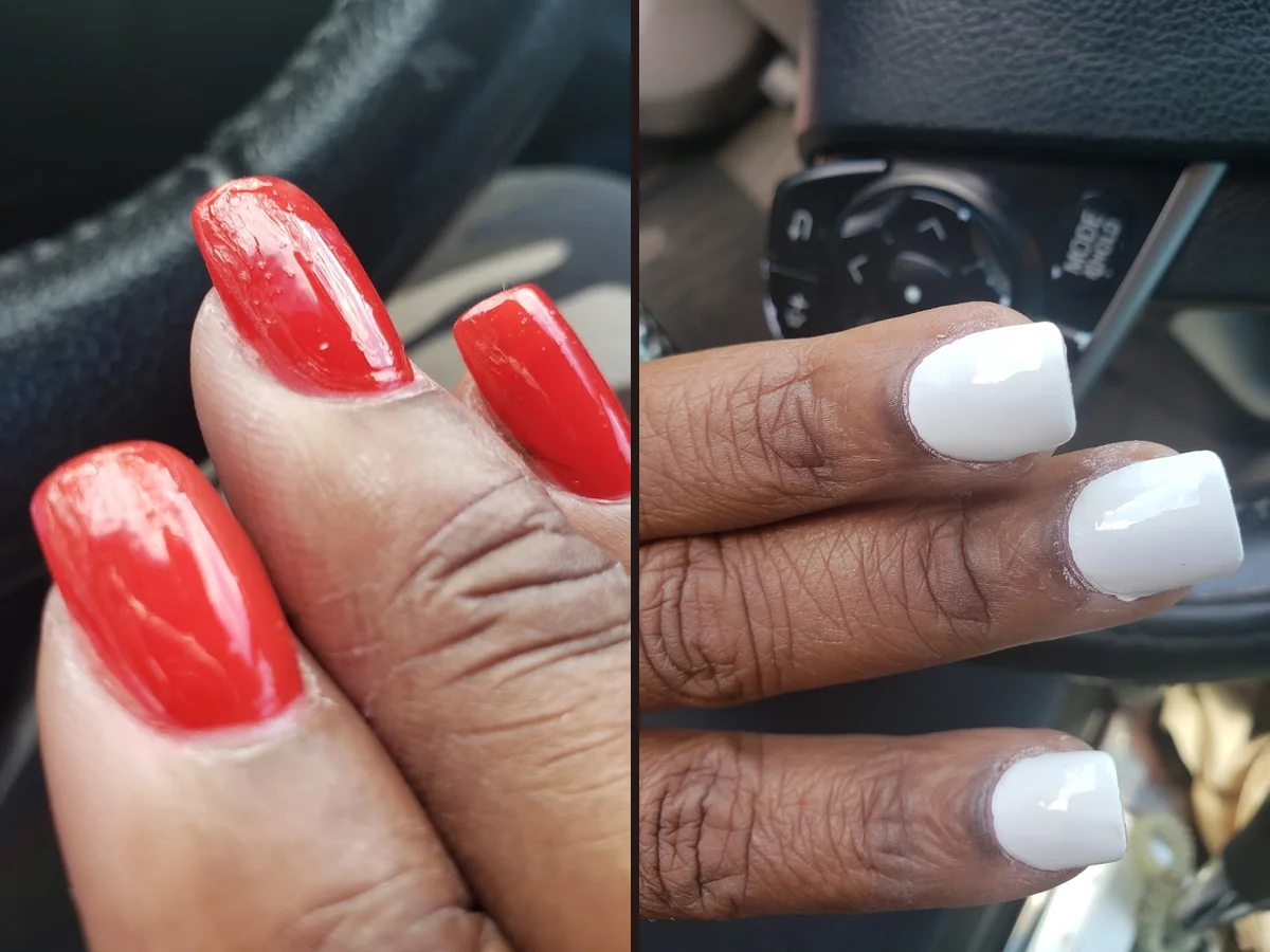 Nail salon workstation with manicure tools.
